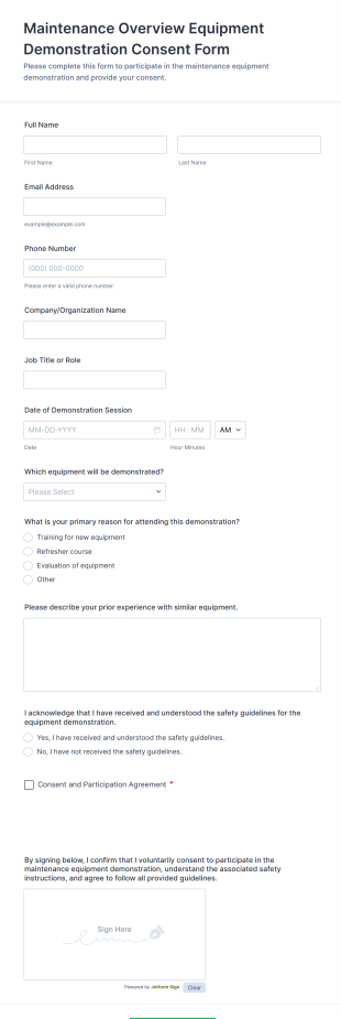 Maintenance Overview Equipment Demonstration Consent Form Template