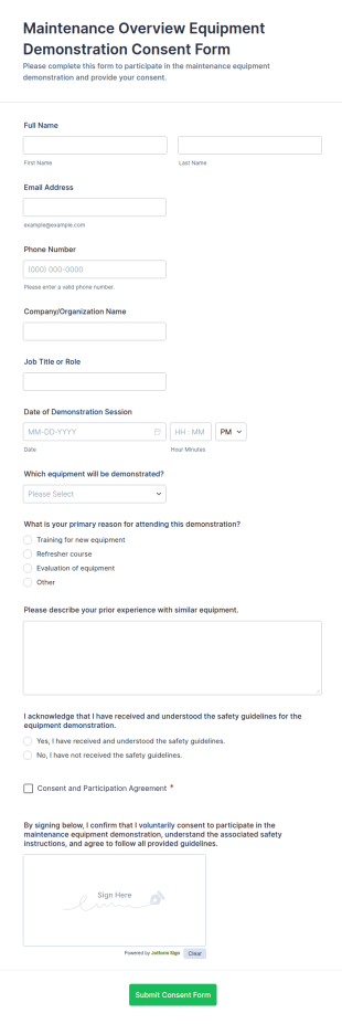 Maintenance Overview Equipment Demonstration Consent Form Template