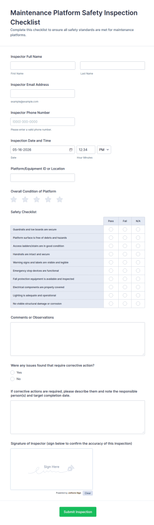 Maintenance Platform Safety Inspection Checklist Form Template