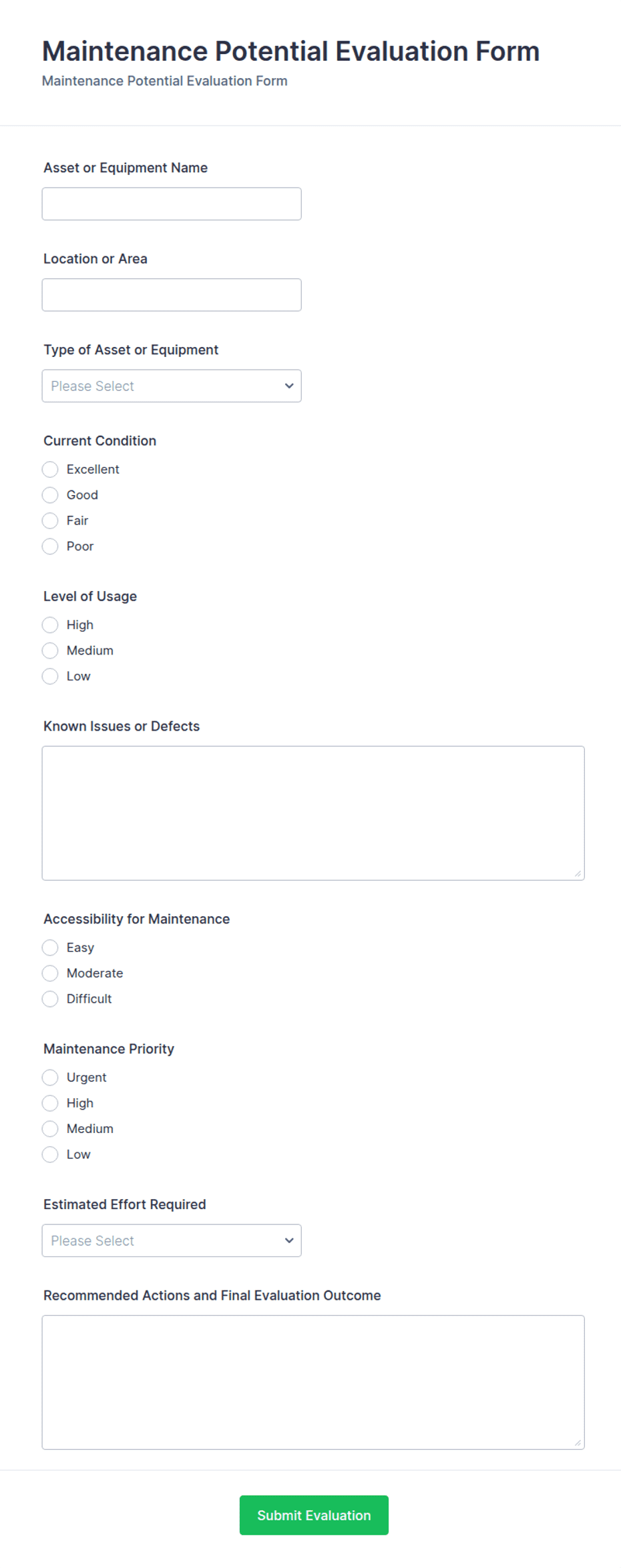 Maintenance Potential Evaluation Form Template | Jotform