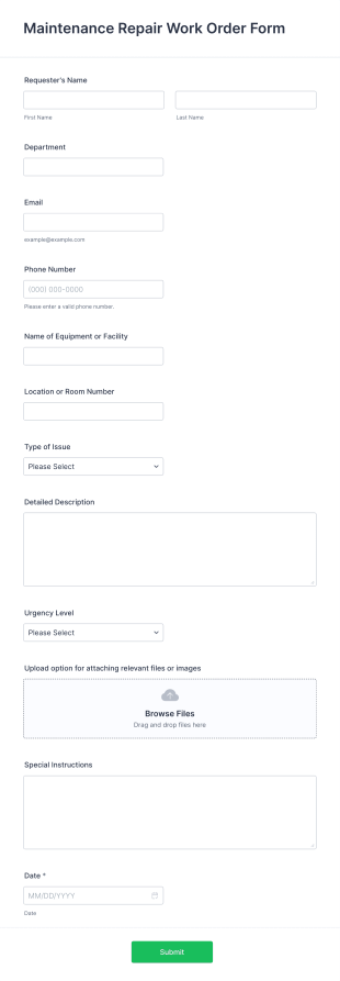 Maintenance Repair Work Order Form Template