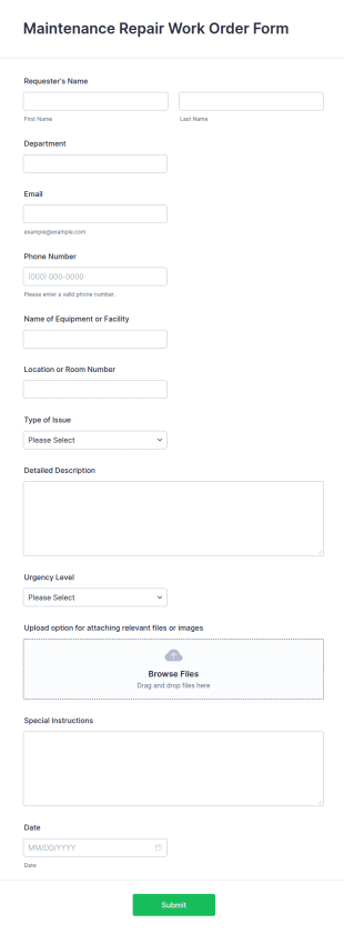 Maintenance Repair Work Order Form Template
