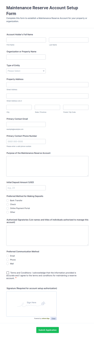 Maintenance Reserve Account Setup Form Template