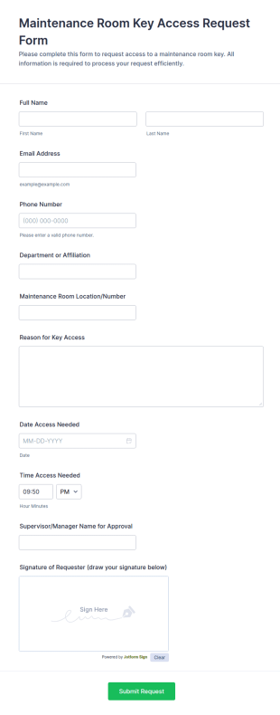 Maintenance Room Key Access Request Form Template