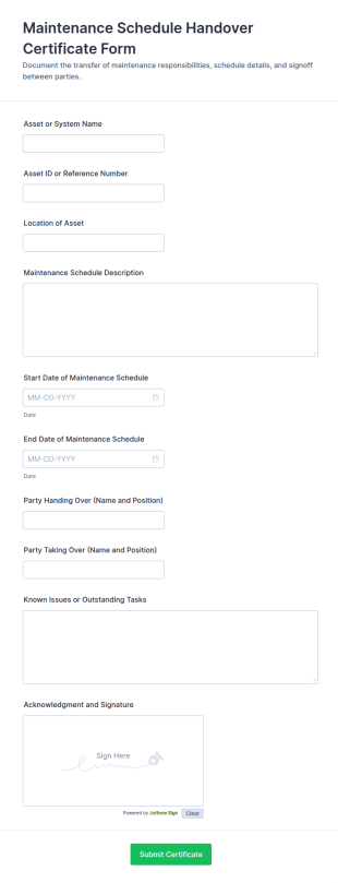 Maintenance Schedule Handover Certificate Form Template