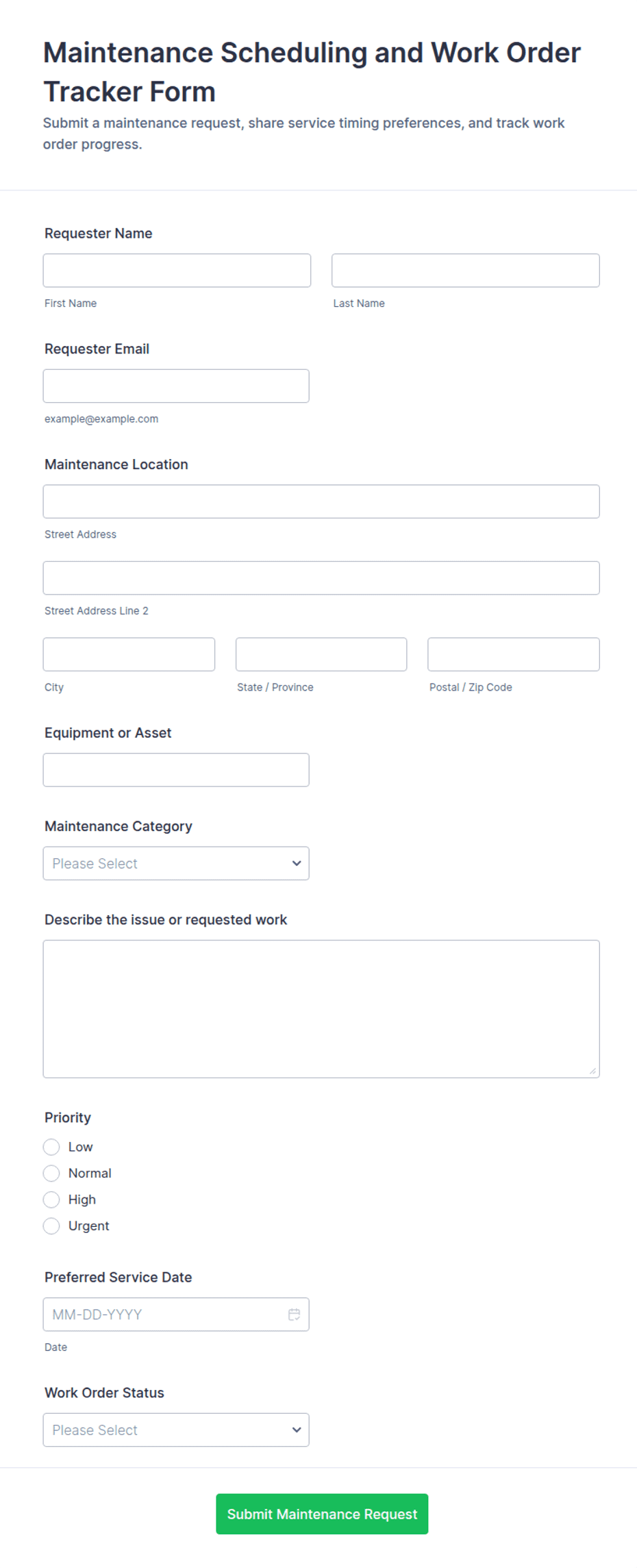 Maintenance Scheduling and Work Order Tracker Form Template | Jotform