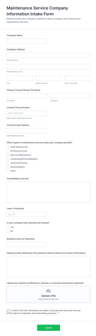 Maintenance Service Company Information Intake Form Template