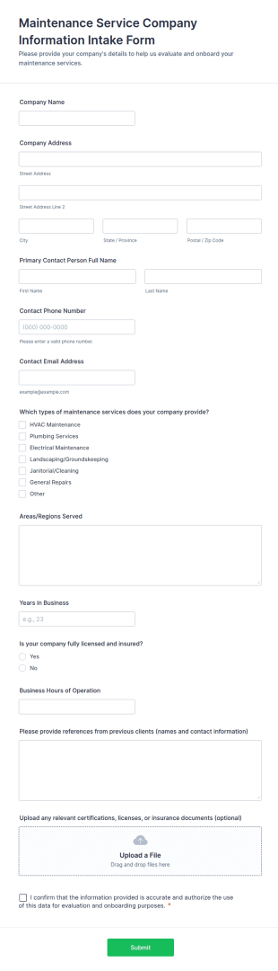 Maintenance Service Company Information Intake Form Template