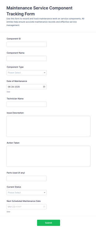 Maintenance Service Component Tracking Form Template