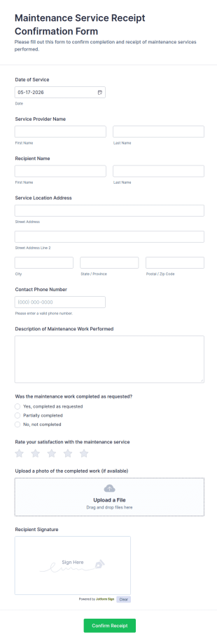 Maintenance Service Receipt Confirmation Form Template