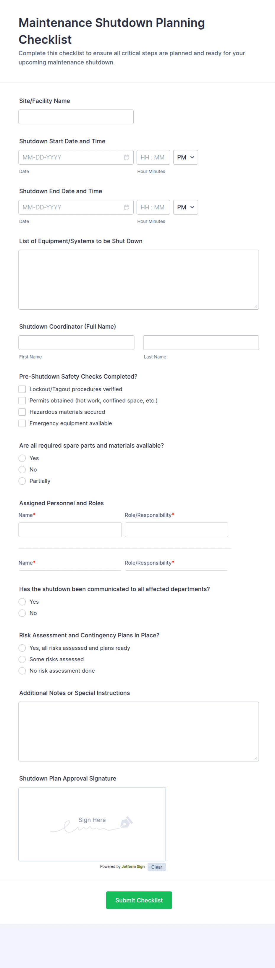 Maintenance Shutdown Planning Checklist Form Template | Jotform