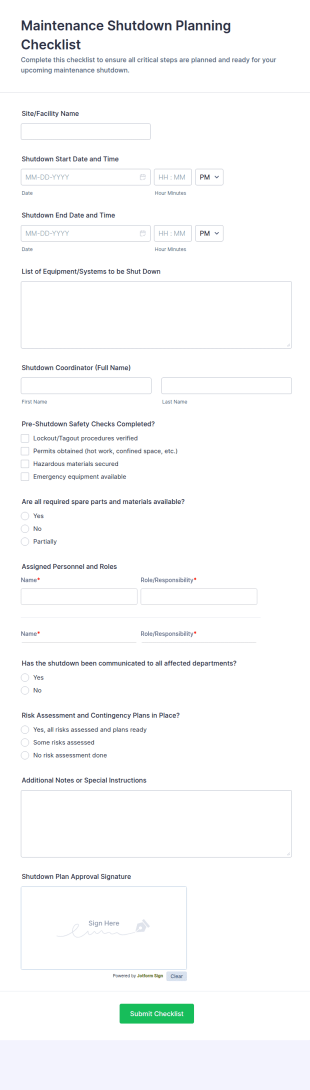 Maintenance Shutdown Planning Checklist Form Template