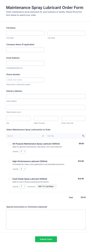 Maintenance Spray Lubricant Order Form Template