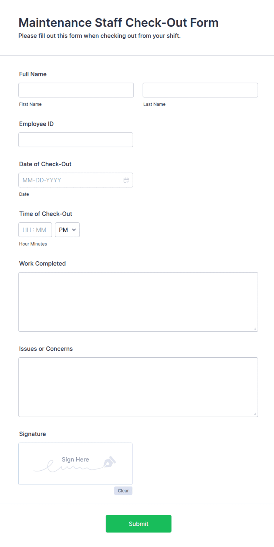 Maintenance Staff Check-Out Form Template | Jotform