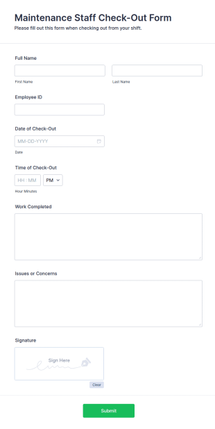 Maintenance Staff Check Out Form Template