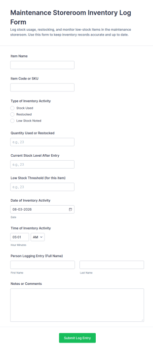 Maintenance Storeroom Inventory Log Form Template
