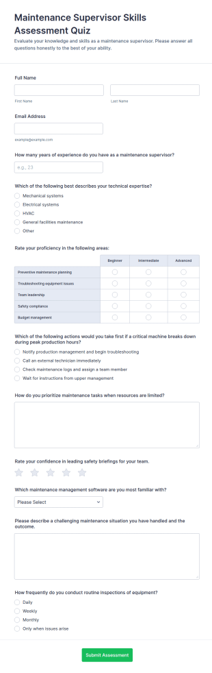 Maintenance Supervisor Skills Assessment Quiz Form Template