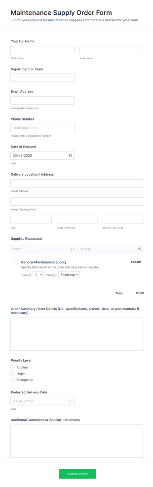 Maintenance Supply Order Form Template