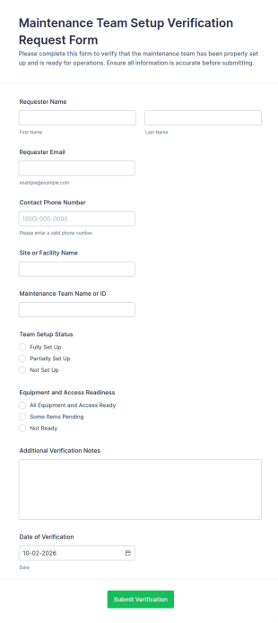 Maintenance Team Setup Verification Request Form Template