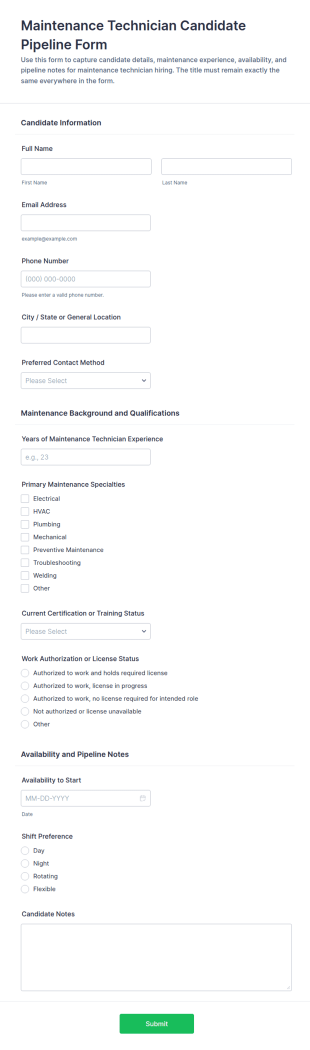 Maintenance Technician Candidate Pipeline Form Template