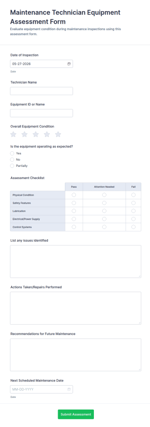Maintenance Technician Equipment Assessment Form Template