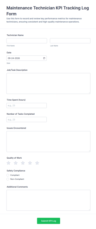 Maintenance Technician KPI Tracking Log Form Template