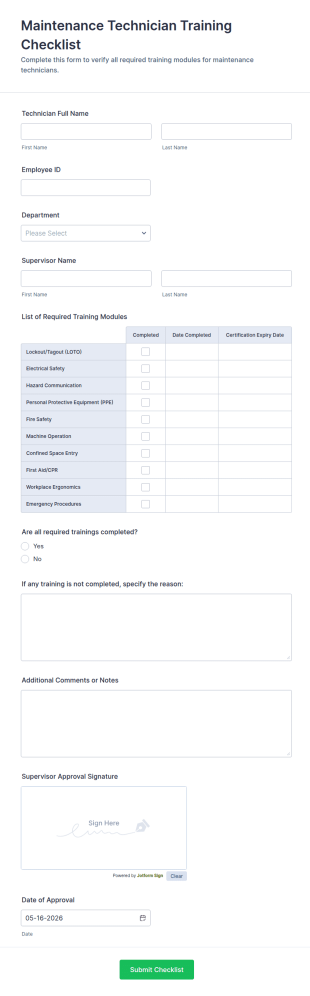 Maintenance Technician Training Checklist Form Template