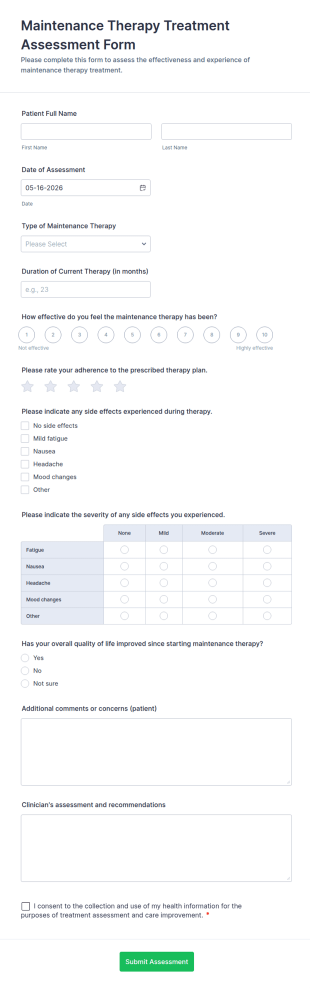 Maintenance Therapy Treatment Assessment Form Template