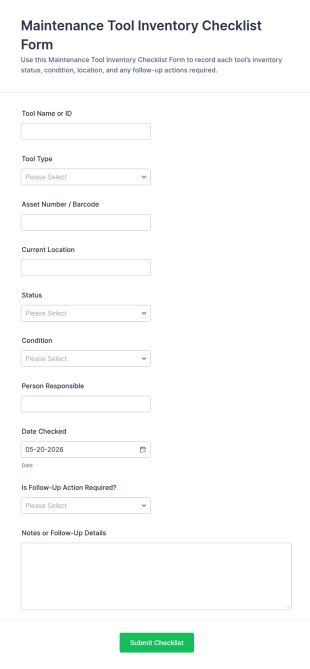 Maintenance Tool Inventory Checklist Form Template