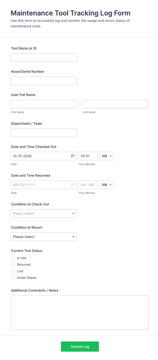 Maintenance Tool Tracking Log Form Template
