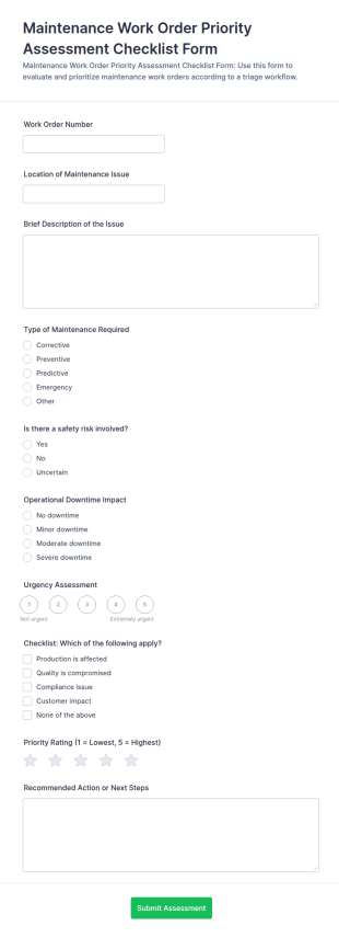 Maintenance Work Order Priority Assessment Checklist Form Template