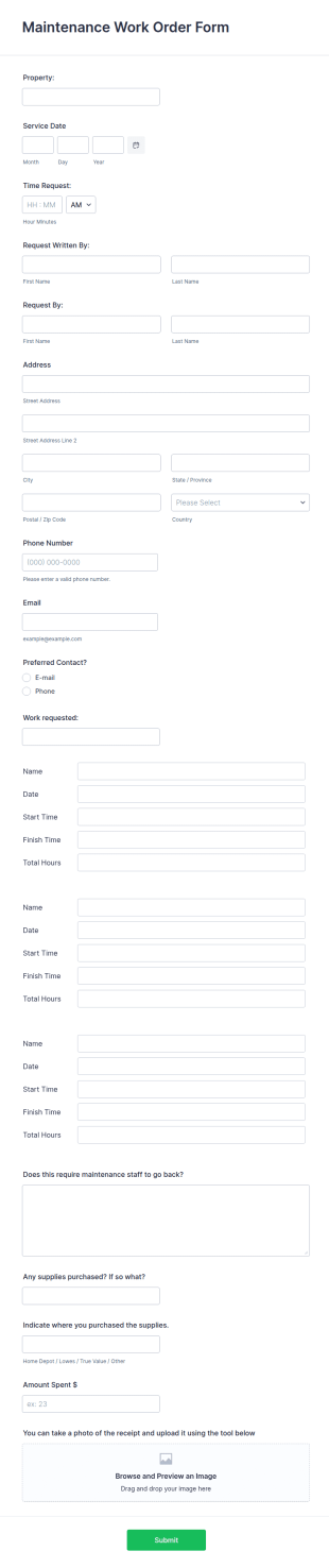 Maintenance Work Order Form Template