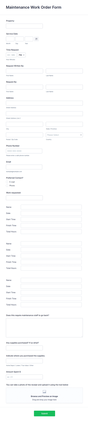 Maintenance Work Order Form Template