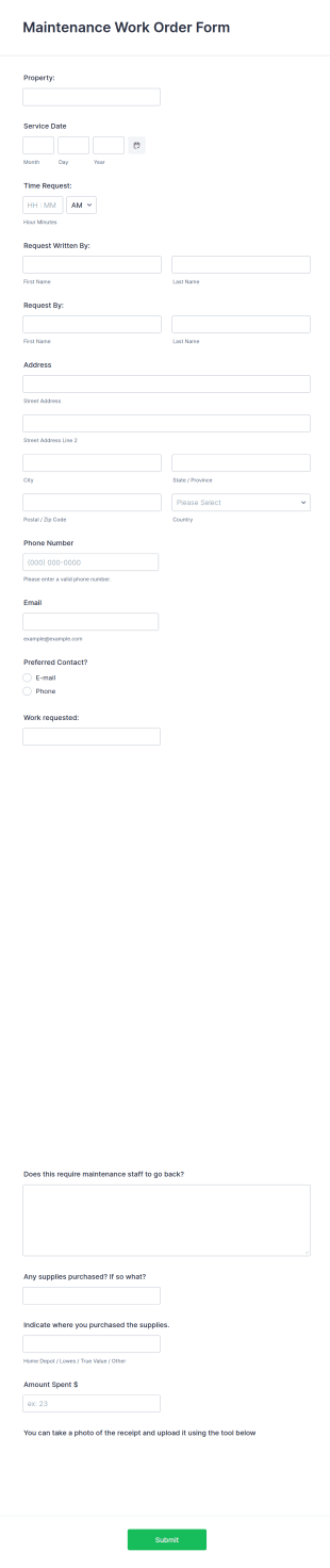 Maintenance Work Order Form Template