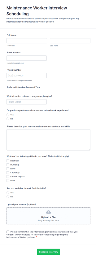 Maintenance Worker Interview Scheduling Form Template