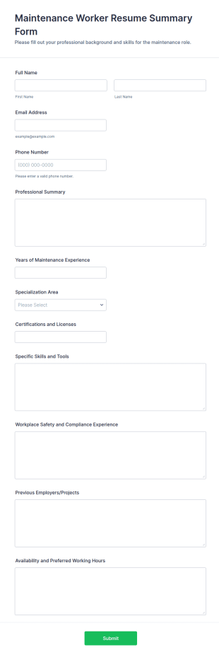 Maintenance Worker Resume Summary Form Template