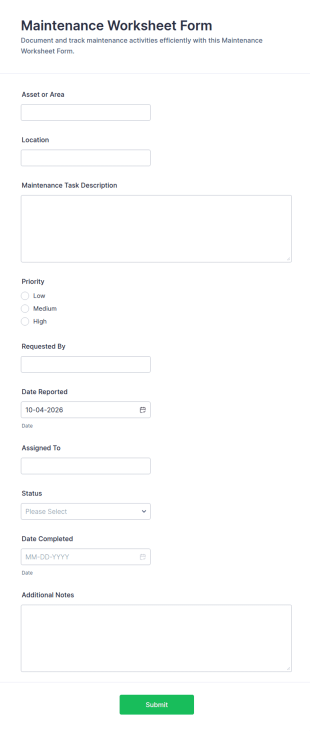 Maintenance Worksheet Form Template