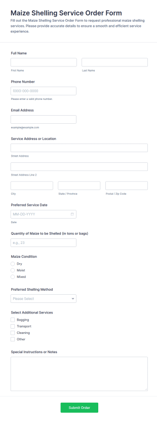 Maize Shelling Service Order Form Template