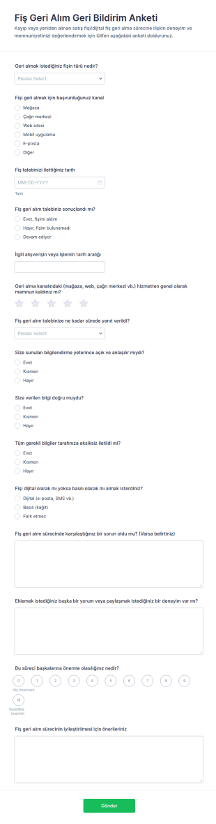 Makbuz İade Talebi Geri Bildirim Anketi Form Şablonu
