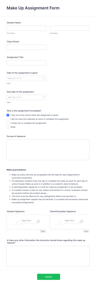 Make Up Assignment Form Template