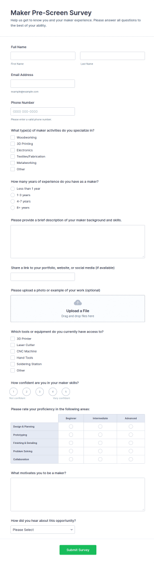 Maker Pre Screen Survey Form Template