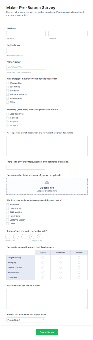 Maker Pre Screen Survey Form Template