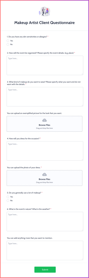 Makeup Artist Client Questionnaire Form Template