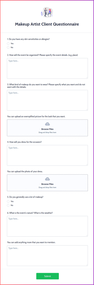 Makeup Artist Client Questionnaire Form Template