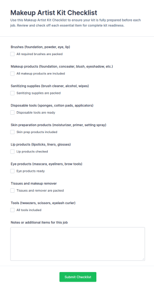 Makeup Artist Kit Checklist Form Template