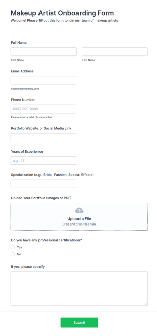 Makeup Artist Onboarding Form Template