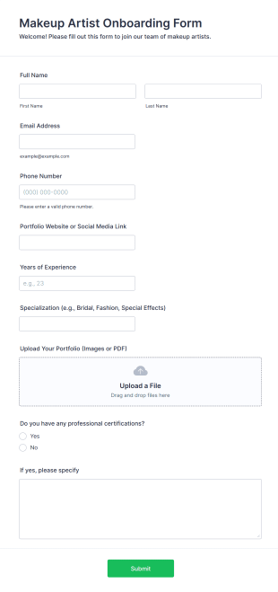 Makeup Artist Onboarding Form Template