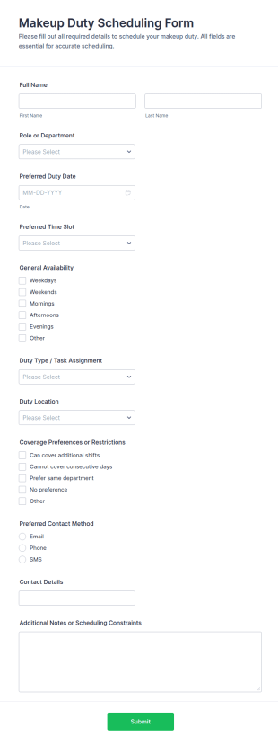 Makeup Duty Scheduling Form Template