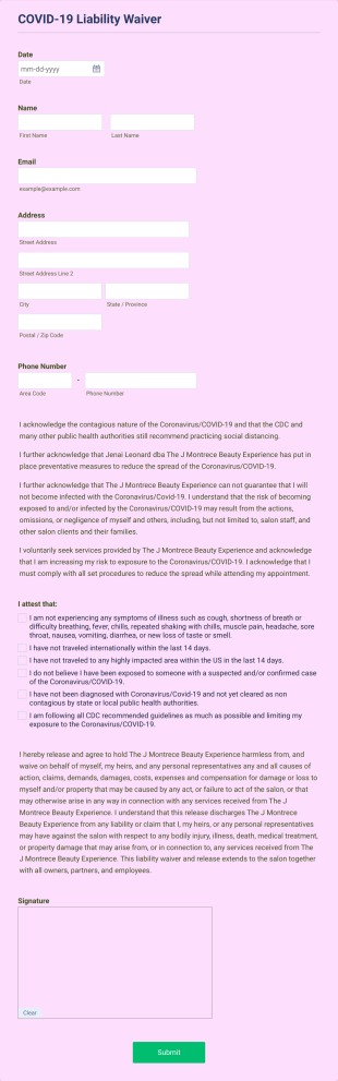 Makeup, Lashes And Brow Services COVID 19 Liability Waiver Form Template