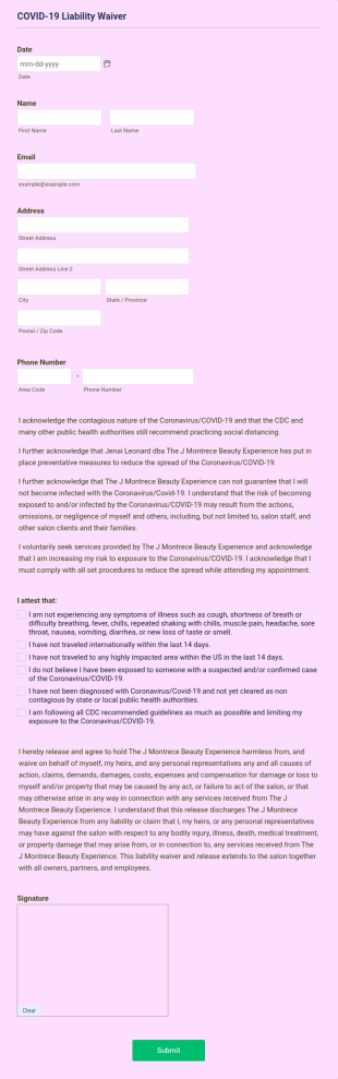 Makeup, Lashes And Brow Services COVID 19 Liability Waiver Form Template